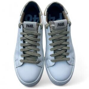 P448 Sneakers - White with Gold Accents and Beige Laces